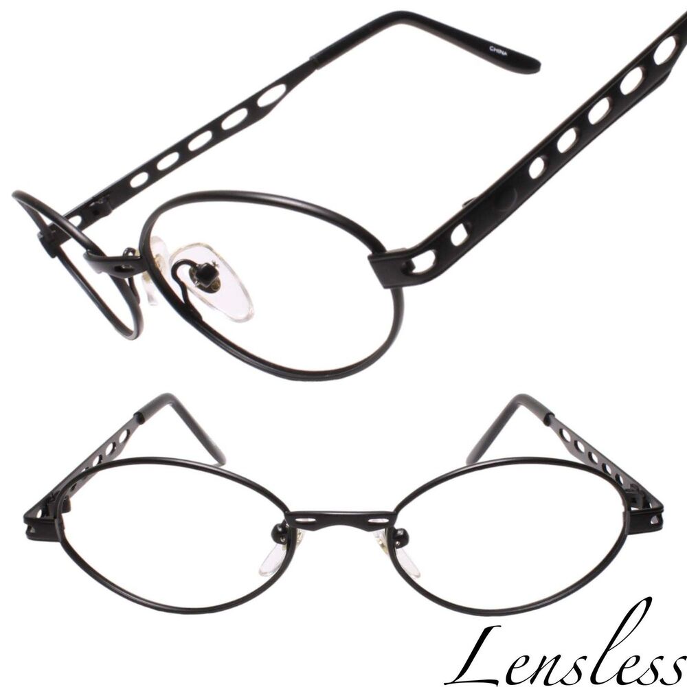 Genuine Vintage Lensless Eye Glasses Oval Black Cutout Temples Frames